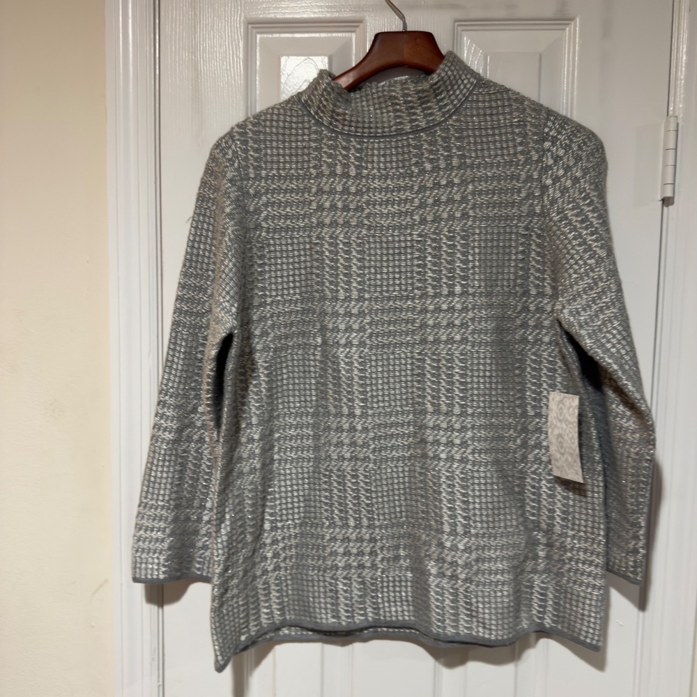 NWT Chico's Gray Plaid‎ Mock Neck Sweater Size 2 (US Large) Metallic Textured
